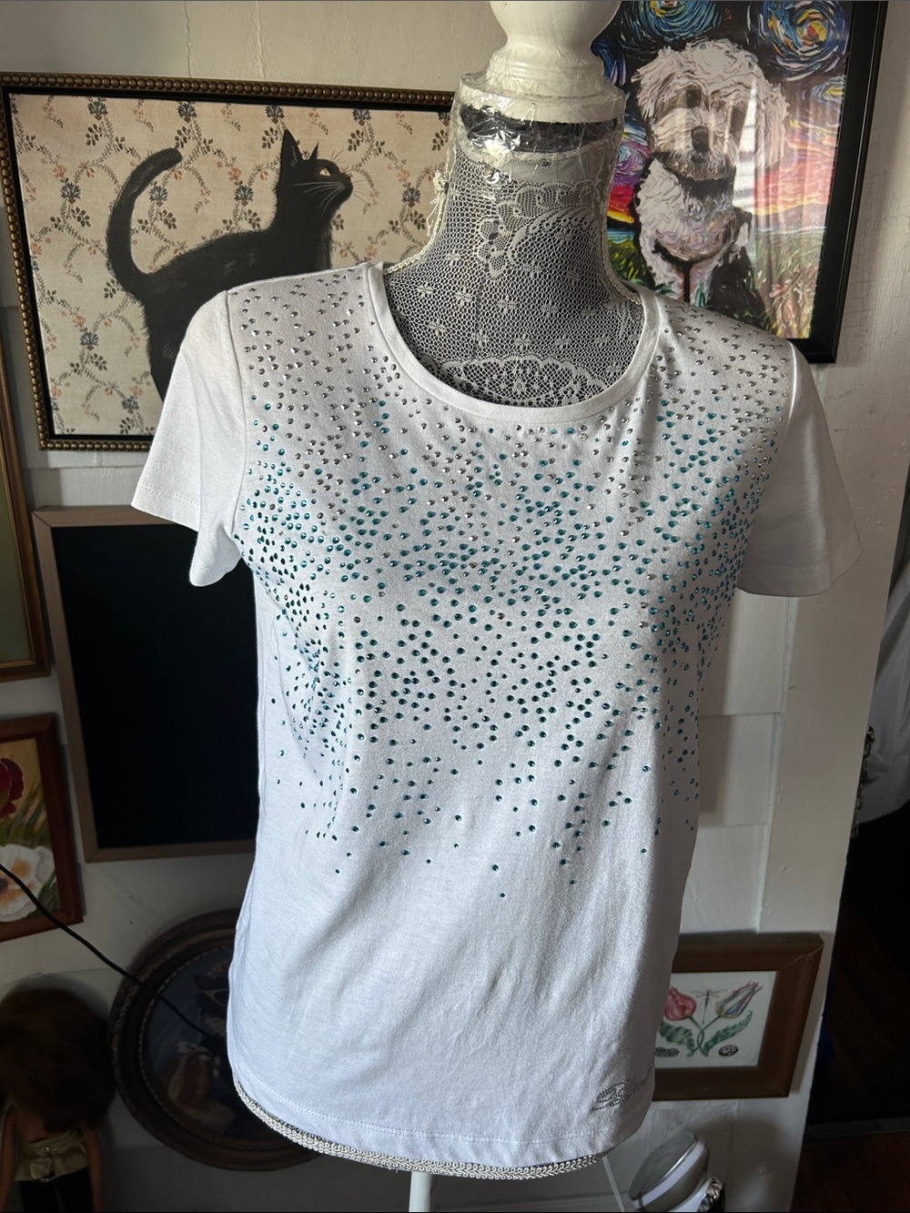 Blumarine White Short Sleeve Tee with Teal Crystal Accents